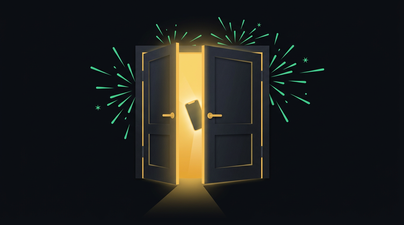 Double doors swinging open with green sparks flying outward, celebratory and bold